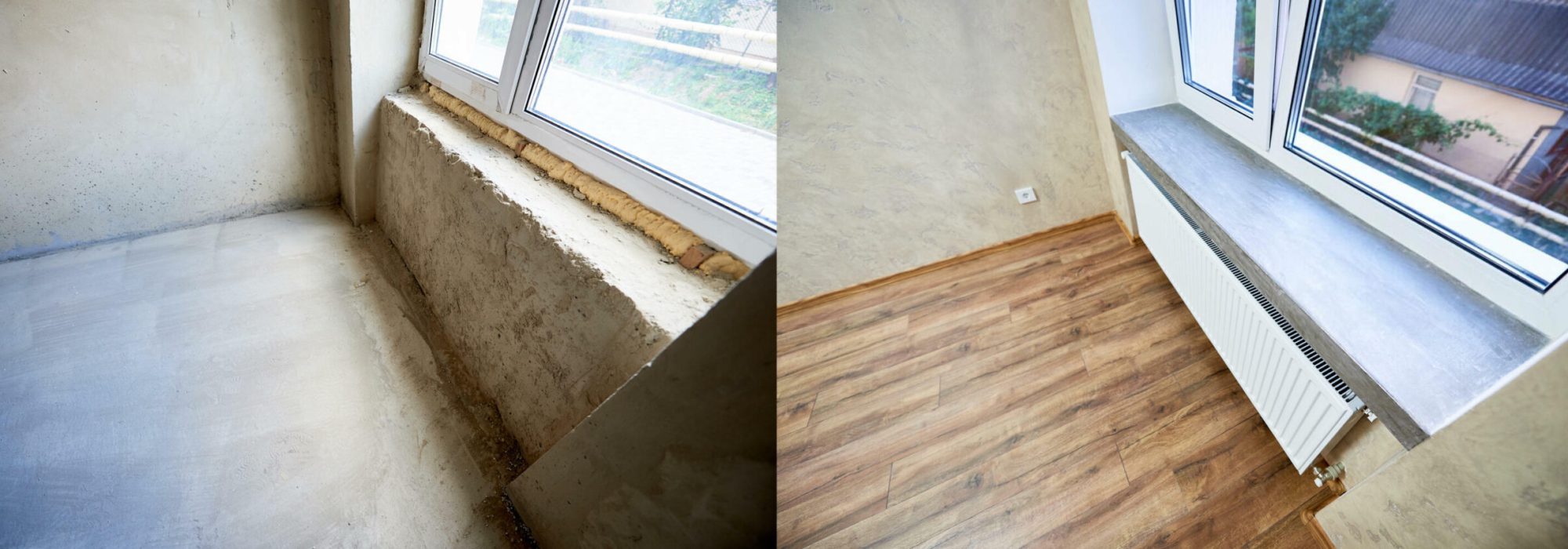 Room in apartment before and after renovation works, old and new window sill, wood textured laminate, renovation concept